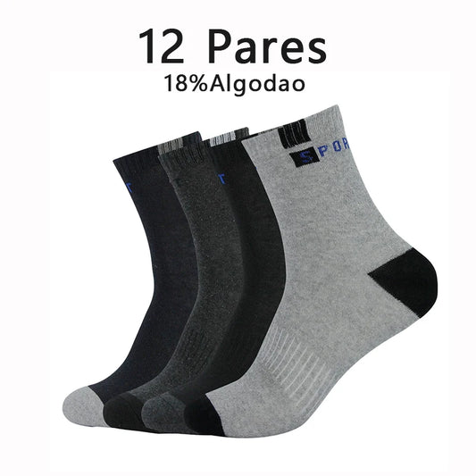 12 pares de meias masculinas de algodão, respiráveis, com algodão, meias esportivas de cano médio, verão, secagem rápida